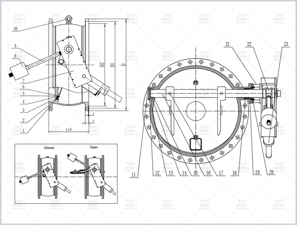 Tilting check valve with weight hammer drawing